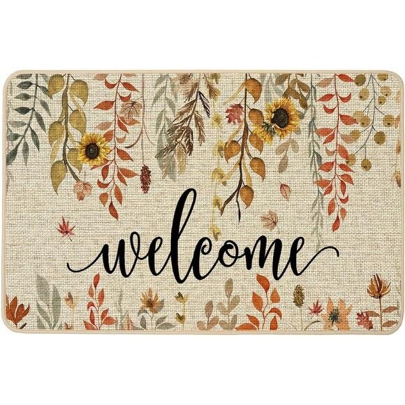 Welcome Fall Doormat Indoor Outdoor Patio Eucalyptus Leaves Sunflowers Door Mats - Picture 1 of 7